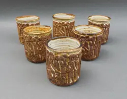 HELEN BENNETT SIGNED VINTAGE FIGURAL STUDIO POTTERY MUGS SET OF 6