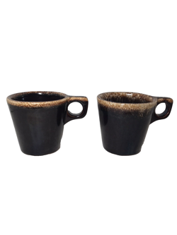 VTG LOT OF 2 USA OVEN PROOF BROWN DRIP GLAZE POTTERY COFFEE MUG CUPS