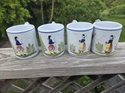SET OF 4 VINTAGE HENRIOT QUIMPER HAND PAINTED MUGS BRETON WOMAN AND MAN FOLK ART