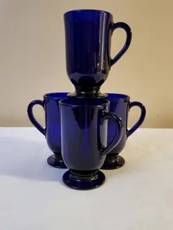 VINTAGE 4 LIBBEY MCM  COBALT BLUE FOOTED IRISH COFFEE LATTE MUG PEDESTAL NICE!