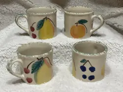 4 VINTAGE HARTSTONE POTTERY MUGS FRUIT SALAD PEAR CHERRIES FARMHOUSE STYLE