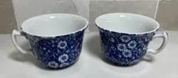 PAIR OF 2 VINTAGE BLUE CALICO TEA CUPS MUGS MADE IN ENGLAND