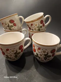 6 VTG SHEFFIELD STRAWBERRIES N CREAM STONEWARE JAPAN COFFEE CUPS MUGS SEE PHOTOS