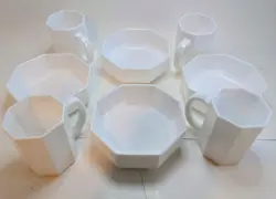 ARCOPAL OCTIME - SET OF 4 MUGS AND 4 BOWLS - VINTAGE, MADE IN FRANCE - WITH BOX