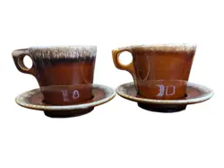 LOT 2 VINTAGE HULL POTTERY OVEN PROOF BROWN DRIP GLAZE COFFEE TEA CUP MUG SAUCER