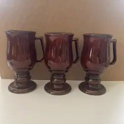 3 IRISH COFFEE PEDESTAL MUGS. RESTURAUNT WARE. DARK BROWN GLAZED.  VINTAGE.