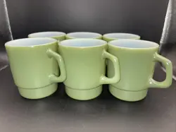 SET OF 6 VINTAGE GREEN FIRE KING ANCHOR HOCKING MUG STACKING COFFEE CUPS