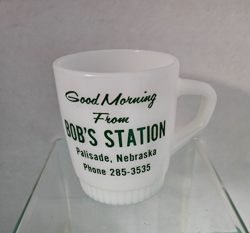 VTG ANCHOR HOCKING FIREKING MILK GLASS COFFEE CUP ADVERTISING BOB'S GAS STATION