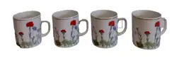 LOUIS LOURIOUX WILD FLOWER 4 MUGS GOLD TRIM VTG FRANCE WHITE- RED BLUE YELLOW
