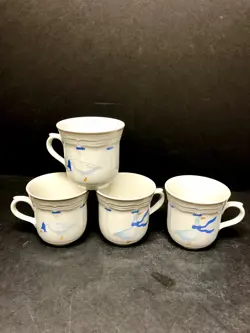 NEWCOR SET OF 4 COUNTRYSIDE COFFEE MUG CUP GEESE DUCK STONEWARE VINTAGE 1987 BOW