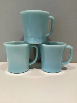 3 VINTAGE FIRE KING DELFITE BLUE D HANDLED COFFEE MUGS