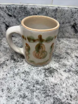 VINTAGE M.A. HADLEY POTTERY MUG~RARE~ ORANGE AND GREEN PEAR, GRAPE ABSTRACT