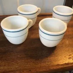 4 VTG PYREX TABLEWARE #723 TEAL TURQUOISE STRIPE HEAVY MILK GLASS COFFEE CUPS