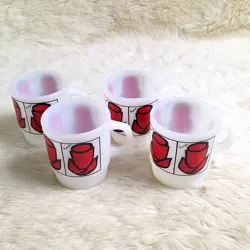 VTG FIRE KING ANCHOR HOCKING RED ROSE WHITE MILK GLASS STACKABLE MUGS SET OF 4