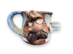 VTG SIGNED UGLY FUNNY 3D FACE MUG MMS MAHON MADE STONEWARE POTTERY MUSTACHE
