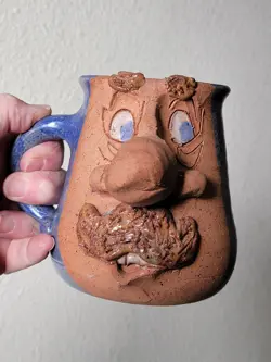 VTG STUDIO ART POTTERY BIG NOSE UGLY FACE FOLK ART MUG - ARTIST SIGNED STONEWARE