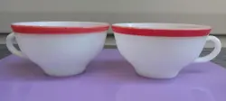 PYREX VINTAGE WHITE MILK GLASS COFFEE/TEA CUPS, WITH A RED BAND, SET OF 2