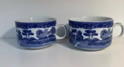 LOT OF 2 VINTAGE BLUE WILLOW COFFEE CUPS, LATTE MUGS, MADE IN JAPAN