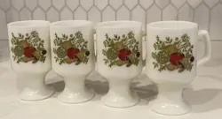 VINTAGE SPICE OF LIFE CORNING CORELLE MUGS PEDESTAL MILK GLASS SET OF 4