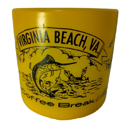FEDERAL MILK GLASS MUG VINGINIA BEACH VA YOUR COFFEE BREAK CUP YELLOW TRAVEL 8OZ