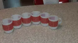 SET OF 6 VINTAGE FIRE KING RED GINGHAM MILK GLASS MUGS