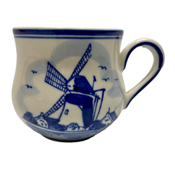 DELFT BLUE COFFEE MUG WINDMILL FLORAL DESIGN WHITE TEA CUP 8OZ VINTAGE EUC