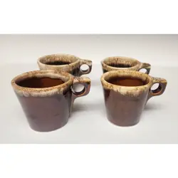 HULL POTTERY SET OF 4 VINTAGE BROWN DRIP GLAZE COFFEE CUPS MUGS OVEN PROOF USA