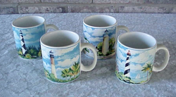 VINTAGE SAKURA WATER'S EDGE CUPS MUGS (4) COFFEE LIGHTHOUSE NAUTICAL STONEWARE