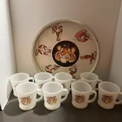 8 VINTAGE FIRE KING ANCHOR HOCKING ESSO EXXON  TIGER MILK GLASS MUGS & TRAY