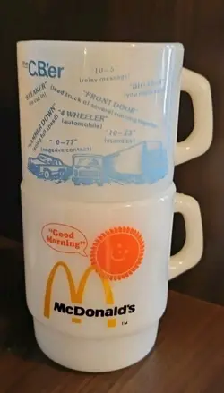VINTAGE LOT OF 2 FIRE KING MILK GLASS COFFEE MUGS MCDONALD'S CB'ER TRUCKER STACK