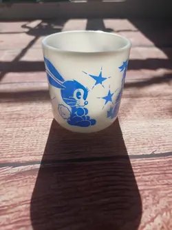 VINTAGE HAZEL-ATLAS WHITE MILK GLASS CHILD'S PUPPY BUNNY DUCK BLUE CUP