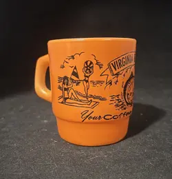 ANCHOR HOCKING BRIGHT ORANGE VIRGINIA BEACH SOUVENIR STACKABLE MUG GLASS VINTAGE