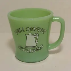 FIRE KING JADEITE ADVERTISING COFFEE MUG VTG EUC WHITE COFFEE POT RESTAURANT