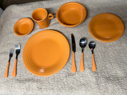 FIESTAWARE TANGERINE DINNER PLATE, SALAD PLATE, MUG, BOWL,DIP BOWL, 5PC UTENSILS
