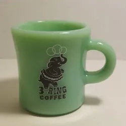 FIRE-KING WARE JADEITE ADVERTISING COFFEE MUG VTG EUC 3 RING COFFEE ELEPHANT