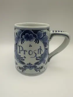 VINTAGE ROYAL DELFT CERAMIC BLUE & WHITE LARGE MUG PROSIT CUP WITH HANDLE