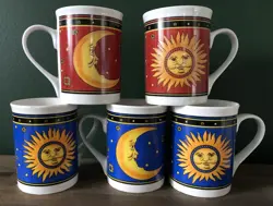 VINTAGE CELESTIAL SUN AND MOON MUGS - VINTAGE 90S SET OF 5 MUGS