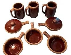 10PC LOT VINTAGE HULL USA BROWN COFFEE MUGS & BOWLS STONEWARE