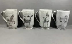 VINTAGE EDWIN & MARY SCHEIER MUGS STUDIO POTTERY HAND PAINTED ANIMALS