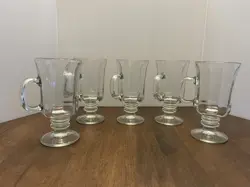 IRISH COFFEE MUGS LIBBEY SET OF 5 PEDESTAL 8 OZ CLEAR GLASS FOOTED 5.75 INCH VTG