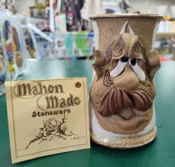 VINTAGE UGLY FUNNY 3D FACE MUG, MMS MAHON STONEWARE POTTERY MUSTACHE MAN 5.25 H