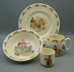 VINTAGE ROYAL DOULTON BUNNYKINS SET OF 4 PLATE CEREAL BOWL CUP & HANDLED MUG
