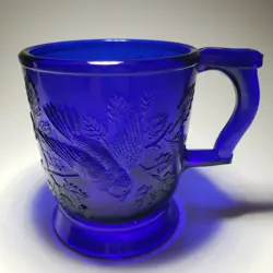 VINTAGE MOSSER GLASS COBALT BLUE MUG WITH BIRD ON A BRANCH