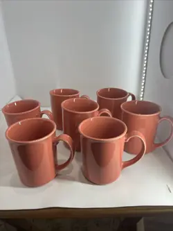 CORNING CORELLE COFFEE CUPS MUGS SET OF 7 CORAL PINK SALMON VINTAGE USA WARE 8OZ