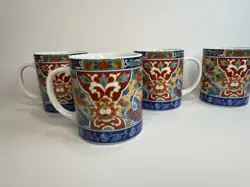 VINTAGE SET OF 4 IMARI EDO MUGS ORIENTAL FLOWER HORCHOW