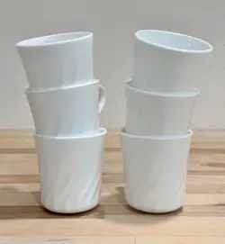 6 PC CORELLE ENHANCEMENTS WHITE SWIRL MUGS  CORNING COFFEE TEA CUPS VINTAGE 8OZ