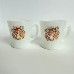 2 - VTG ANCHOR HOCKING FIRE KING ESSO TONY THE TIGER MILK GLASS COFFEE MUG CUP