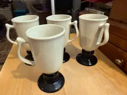 4 HALL COFFEE MUGS CUPS WHITE/BLACK USA #1272 PEDESTAL FOOTED IRISH TALL VINTAGE