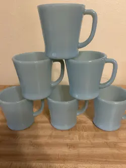 6 VTG FIRE-KING OVEN WARE DELPHITE AQUA BLUE MILK GLASS D-HANDLE MUG MCM