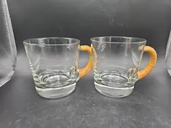 SET OF 2 VINTAGE MCM CARL AUBCK GLASS MUGS W/ RATTAN WICKER CANE HANDLES